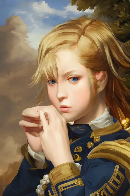 Image similar to baroque oil painting of key visual concept art, portrait of stern anime girl blonde hair blue eyes wearing formal military dress uniform saluting at a full honors military funeral, somber, rule of thirds golden ratio, fake detail, trending pixiv fanbox