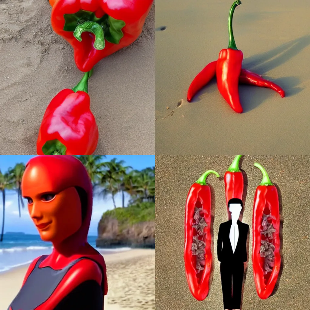 Prompt: a symmetrical pepper potts on the beach, beautiful