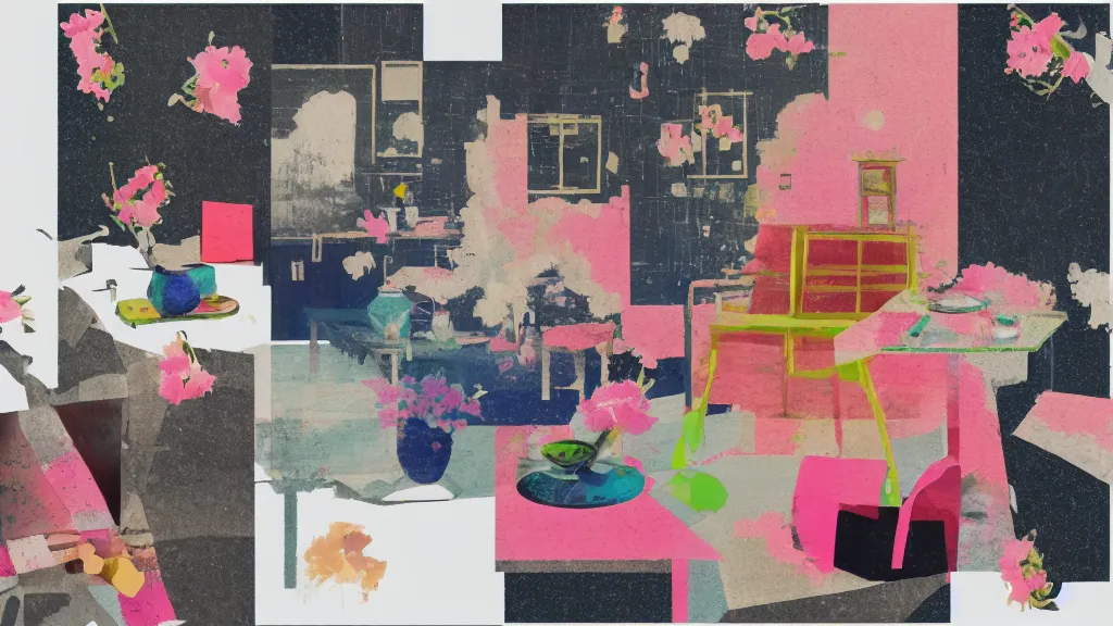 Image similar to a small tea setting, japan, a collage painting, in the style of wes anderson, lola dupre, david hockney, isolated on negative white space background dark monochrome neon fluorescent spraypaint accents volumetric octane render