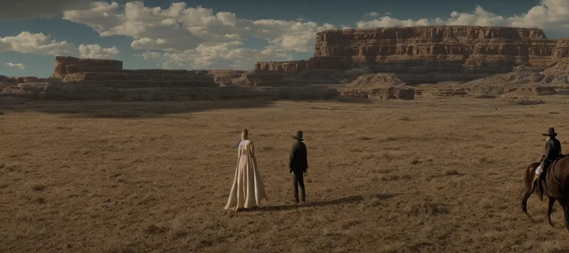 Prompt: epic closing shot of westworld ( 2 0 1 8 ), 3 5 mm film still by emmanuel lubezki, stunning, symbolic