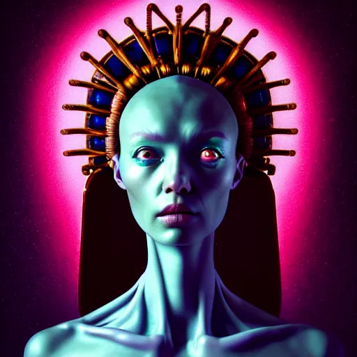 Image similar to Colour aesthetic Caravaggio style full body Photography of Highly detailed beautiful alienWoman with 1000 year old detailed face wearing highly detailed retrofuturistic sci-fi Neural interface designed by Hiromasa Ogura . In style of Josan Gonzalez and Mike Winkelmann and andgreg rutkowski and alphonse muchaand and Caspar David Friedrich and Stephen Hickman and James Gurney and Hiromasa Ogura. Rendered in Blender and Octane Render volumetric natural light