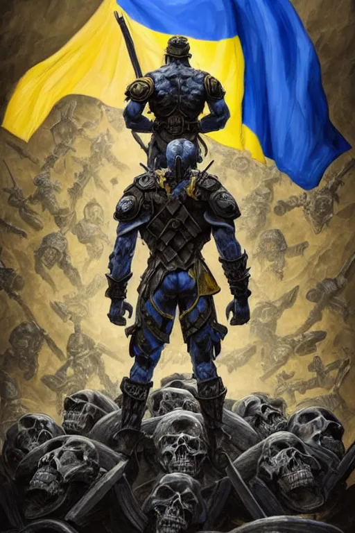 Image similar to a distant shot from behind of a Ukrainian super soldier with blue and yellow flag behind him standing alone on a huge pile of skulls as a winner, masculine muscular figure, D&D, fantasy, intricate, elegant, highly detailed, extremely detailed, digital painting, artstation, concept art, matte, smooth, sharp focus, symmetrical, illustration, art by Artgerm and Greg Rutkowski and Alphonse Mucha