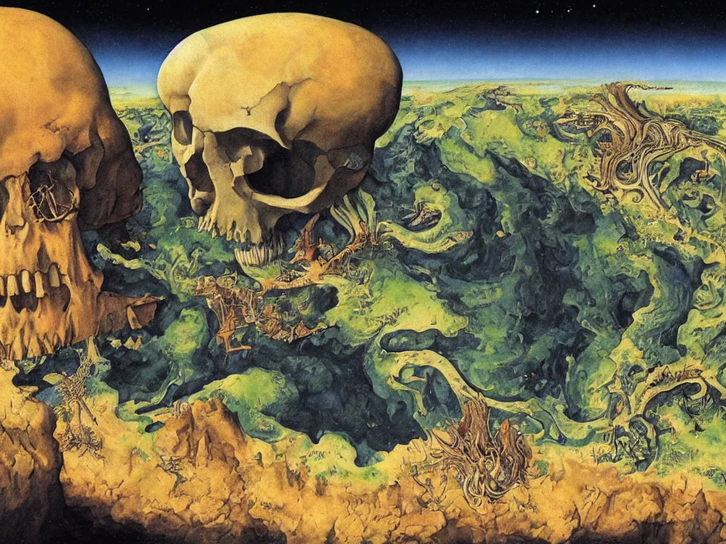 Image similar to The world as seen from the orbits of the skull. Painting by Lucas Cranach, Roger Dean.