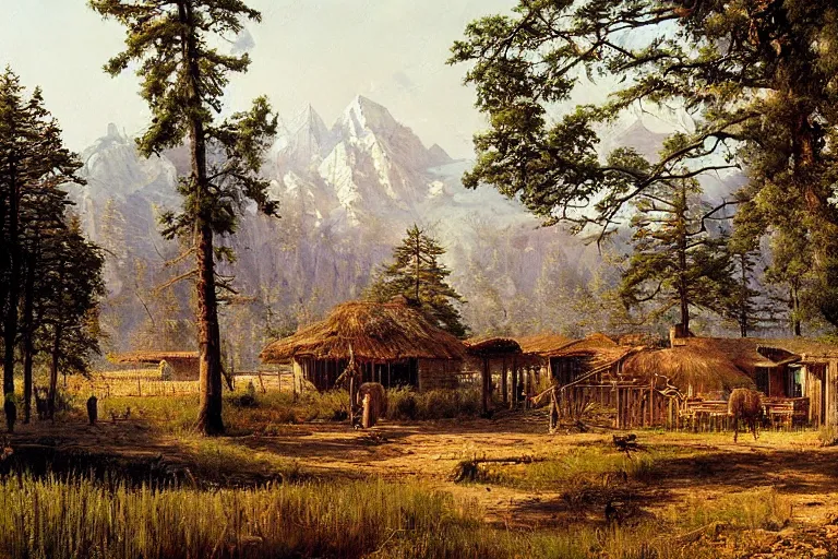 Image similar to A beautiful painting of a rural Westworld village by Ivan Shishkin, matte painting