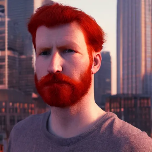 Prompt: hyperrealistic portrait of redhead guy around 20 years, lit in a dawn light, busy city on background, trending on artstation,ultrawide angle, f8 , polarizer , unreal engine