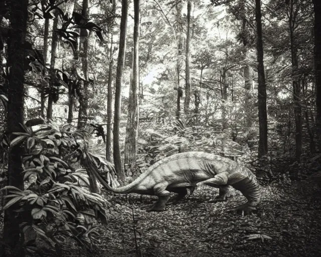 Image similar to hyper realistic vintage photograph of a real dinosaur in a forest, ultra detailed, grain, old, monochrome, sepia toned, realistic lighting, wide angle