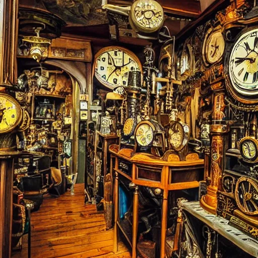 Prompt: interior of a steampunk clock shop, father time, messy antique store, thousands mysterious wooden grandfather clocks everywhere, realistic, very intricate hyper detailed impressionistic masterpiece by max ernst