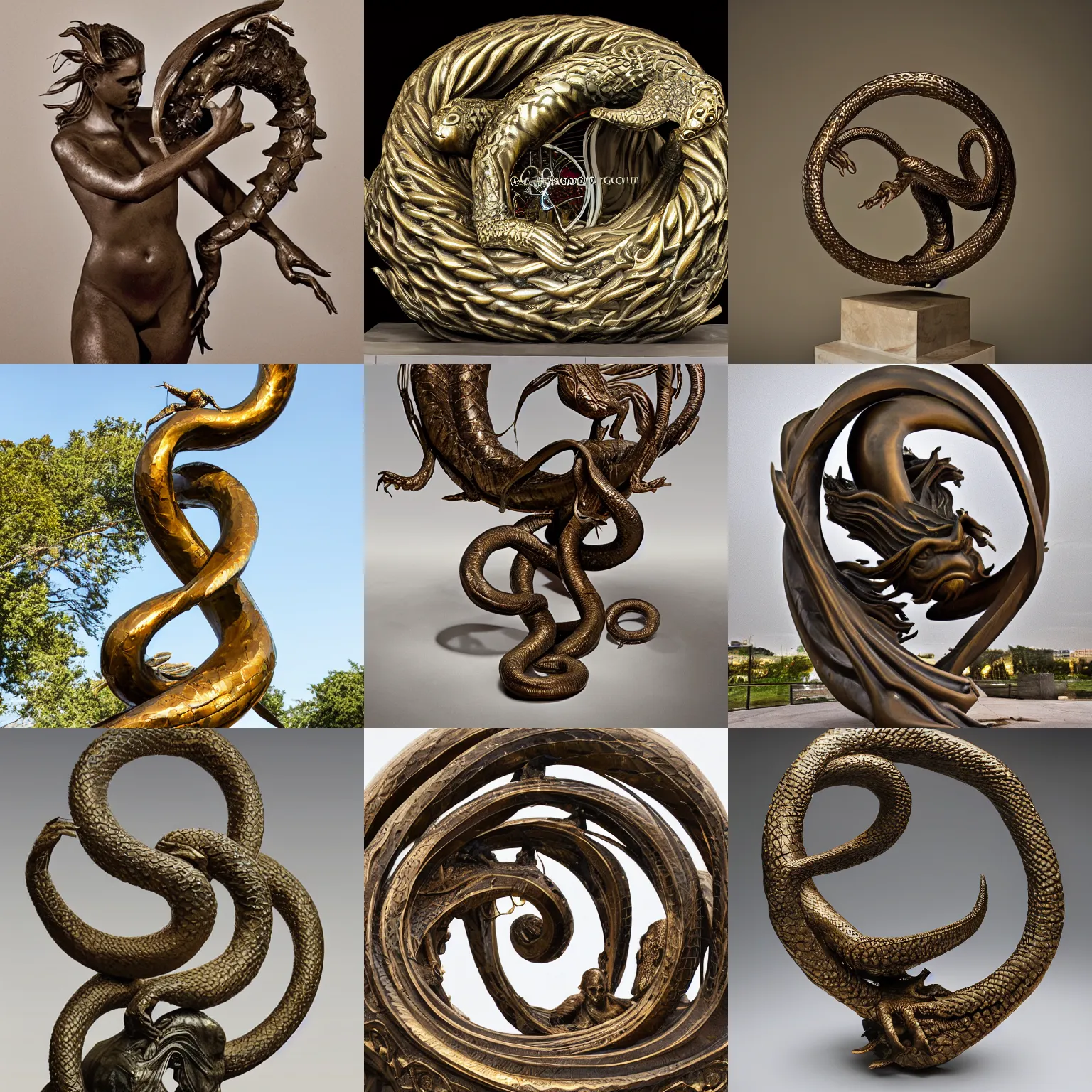 Prompt: giant and intricate bronze sculpture of ouroboros, professional photography, dramatic