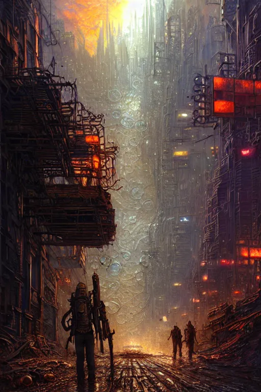 Prompt: intricate detailed postapocalyptic cityscape james gurney, dan luvisi, Petros Afshar, tim hildebrandt, liam wong, Mark Riddick, thomas kinkade, ernst haeckel, dan mumford, trending on artstation, josephine wall, WLOP, cgsociety by Gediminas Pranckevicius, trending on cgsociety and DeviantArt