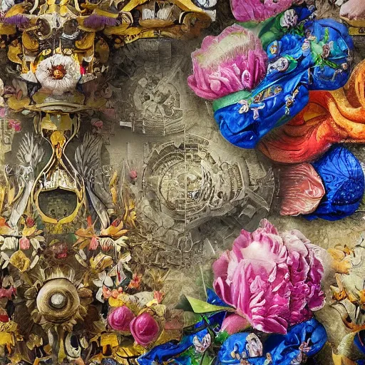 Prompt: photorealistic beautiful cyborg hands and one big elaborate maximalist tissue fabric flower. half-lenght mixed media 3d with flemish baroque details. in the style of Canaletto and Paul Klee. made of hyperdetailed vivid vibrant fabric textures. wide wide wide view HD 8x matte background