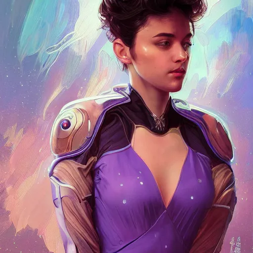 Prompt: Portrait of very very very very very very beautiful non-white woman, spacesuit, purple eyes, intricate, elegant, highly detailed, digital painting, artstation, concept art, smooth, sharp focus, illustration, art by artgerm and greg rutkowski and alphonse mucha