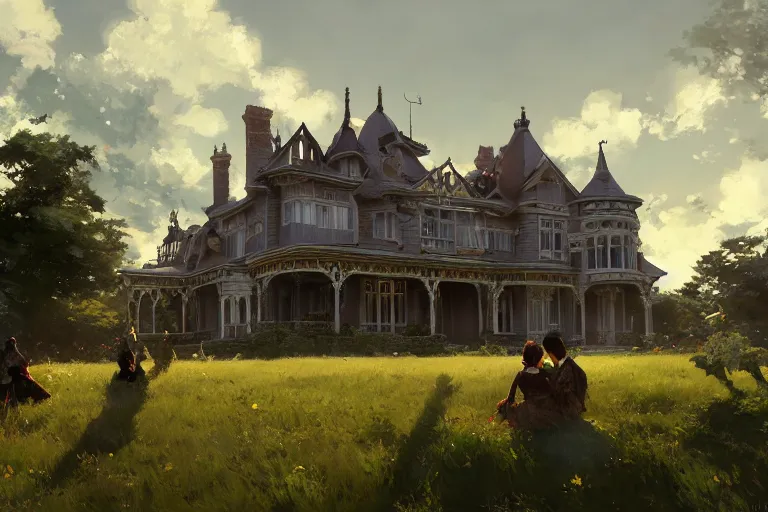 Image similar to an ornate victorian house, party inside, scene in an open field. 1 8 9 0, key visual, conceptart, ambient lighting, highly detailed, digital painting, artstation, concept art, sharp focus, by makoto shinkai and akihiko yoshida and greg manchess