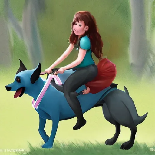 Prompt: girl riding a giant dog in the park, trending on artstation