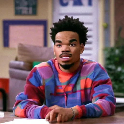 Image similar to a tv still of Chance The Rapper starring as a black college student at Jones College Prep in a 1993 sitcom