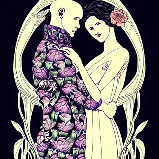 Image similar to a couple in love. she has dark wavy hair. he is bald. in the style of art nouveau. floral. hyper detailed. intricate. beautiful.