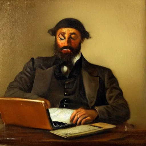 Prompt: a 19th century oil painting of a man having trouble working with his laptop