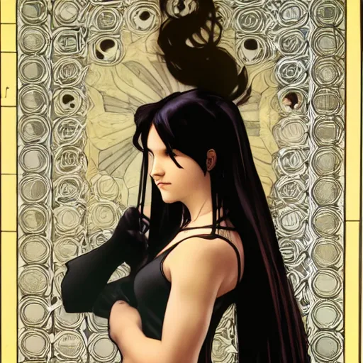 Image similar to photo of lonely young girl with straight long black hair wearing black dress that sitting on bathroom floor, render by artgem and alphonse mucha for capcom co, resident evil