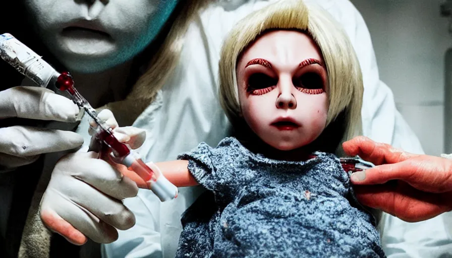 Image similar to big budget horror movie about an evil killer doll injecting someone with a syringe