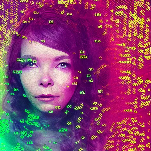 Prompt: “music album cover Bjork style redhead girl in a magic forest glitch noise pixelsorting RGB shift high resolution”