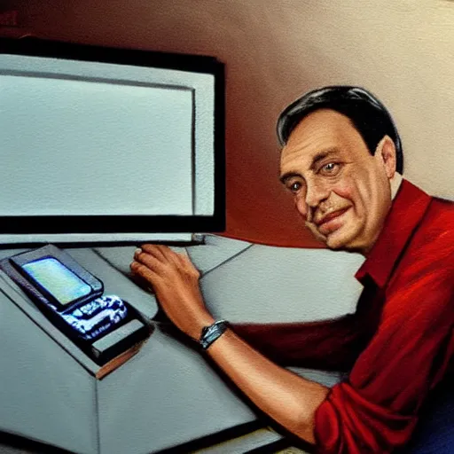 Image similar to viktor orban programming a computer in a cubicle, oil painting