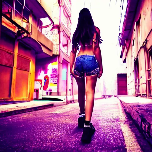 Image similar to a beautiful picture of a girl walking in a cyberpunk street by aurahack, low angle shot, cinematic, colorful, trending on artstation