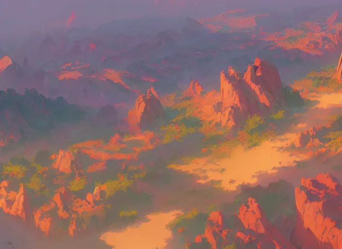 Image similar to concept art painting of a distant valley village from above, early morning, cel shaded, by makoto shinkai and moebius and anton fadeev and james gurney