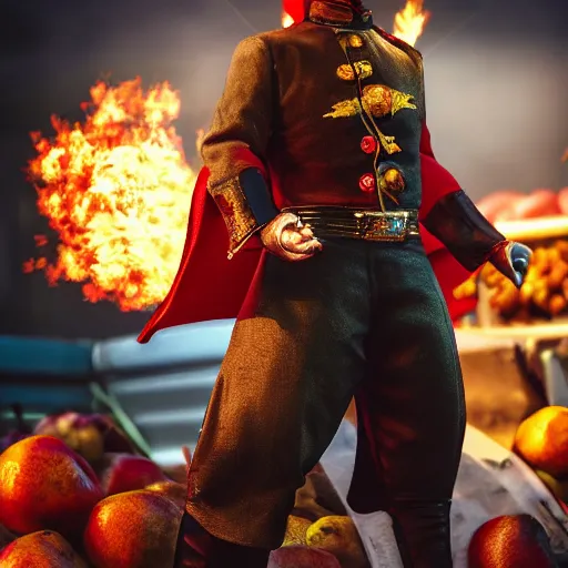 Image similar to the greatest matador to ever live at a fruit and vegetable market, cinematic quality, high octane, splash art, movie still, cinematic lighting, ray tracing, detailed face, octane render, long lens, shallow depth of field, bokeh, anamorphic lens flare, 8 k, hyper detailed, 3 5 mm film grain