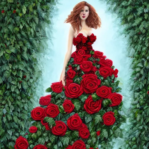 Prompt: full body image of a beautiful woman covered in ivy and red roses, ornate gown standing in a bed of roses, rim light, dynamic lighting, etherial lighting, ultra detail, concept art, elegant, surreal, illustration by lisa aisato