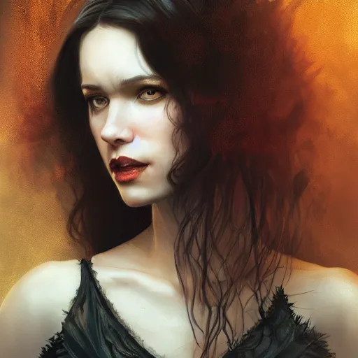 Image similar to majestic gracious regal aristocratic brunette female vampire portrait, atmospheric lighting, painted, menacing, intricate, volumetric lighting, beautiful, rich deep colours masterpiece, golden hour, sharp focus, ultra detailed, by leesha hannigan, ross tran, thierry doizon, kai carpenter, ignacio fernandez rios