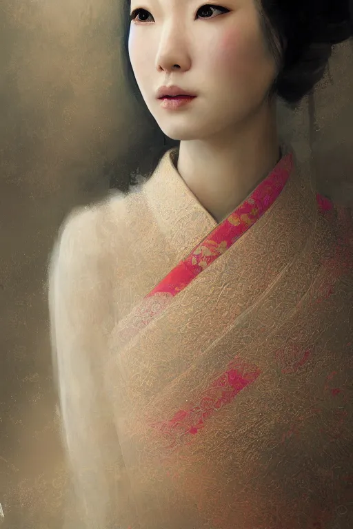 Image similar to Japanese princess, gorgeous, close-up portrait, intricate, elegant, volumetric lighting, scenery, digital painting, highly detailed, artstation, sharp focus, illustration, concept art, ruan jia, steve mccurry