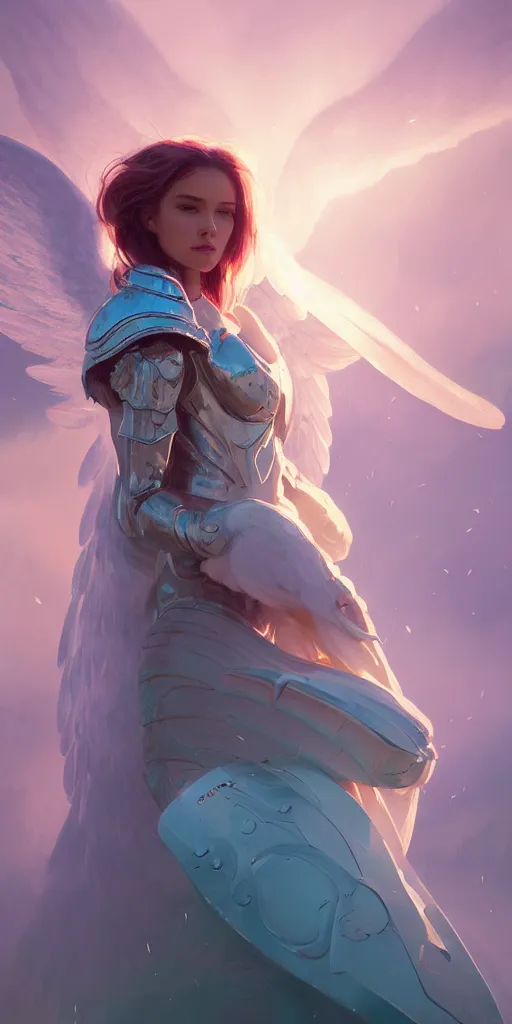 Image similar to angel with big wings, low key light, full plate armor with cloth, f 1 6, bokeh, extreme close up portrait, gentle, female, mountain, storm, god rays, landscape, d & d, fantasy, elegant, teal pink white gold color palette, concept art, moebius, greg rutkowski, alphonse mucha