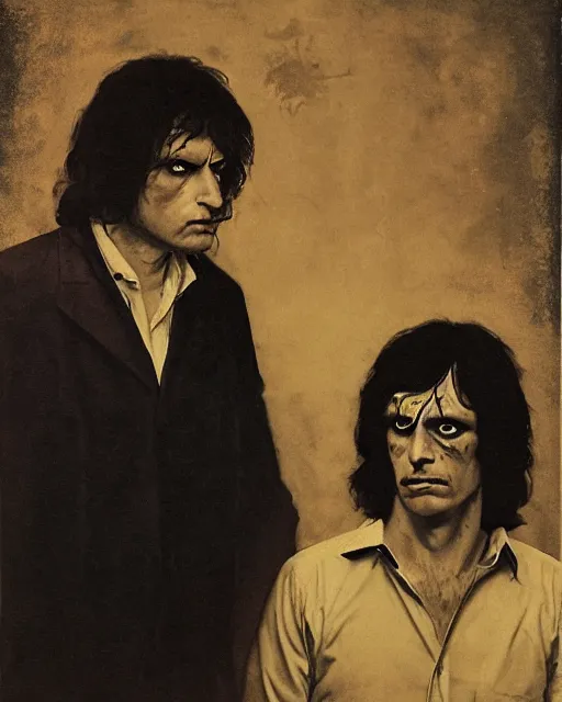 Prompt: an instant photo of two beautiful but sinister men wearing oxford shirts in layers of fear, with haunted eyes and dark hair, 1 9 7 0 s, seventies, wallpaper, a little blood, moonlight showing injuries, delicate embellishments, painterly, offset printing technique, by brom, robert henri, walter popp