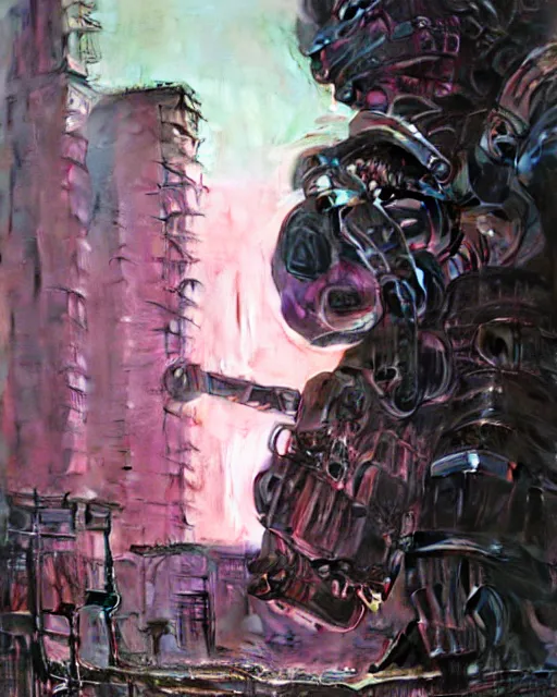 Image similar to hyperrealistic hyperdetailed punk mecha iridescent pink coming out of dystopian city ruins concept art santiago caruso de chirico sharp very dramatic green light 8k low angle shallow depth of field