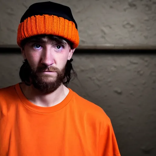 Image similar to close-up a 25 year old man wearing a black winter hat and a orange jail inmate tshirt, inside a underground facility, blue eyes, hideous, side lighting, Jan Kalous, D-55240