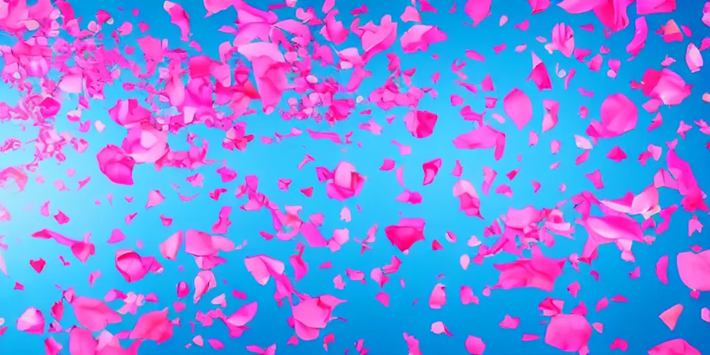 Prompt: background art of spaciously scattered flower petals flowing and floating through the blowing swirling directional wind from left to right on a simple cloudy blue sky background, large individual rose petals, angular background elements, polygonal fragments, anime, artgerm, manga, trending on artstation, art nouveau, mature color scheme