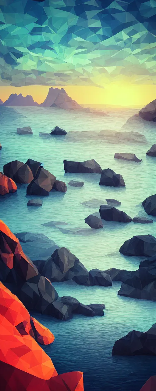 Image similar to super detailed color lowpoly art, northern sunset with rocks on front, monochrome photorealistic bay in the middle of perspective and mountains at background, big graphic ship in the middle of composition, unreal engine, high contrast color palette, 3 d render, lowpoly, colorful, digital art, perspective, robb cobb