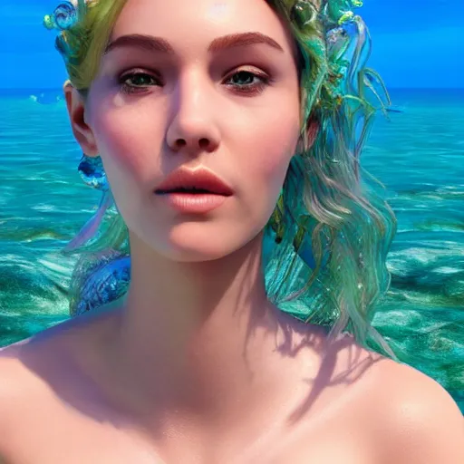 Image similar to mermaid on an island, highly detailed, photorealistic portrait, bright studio setting, studio lighting, crisp quality and light reflections, unreal engine 5 quality render