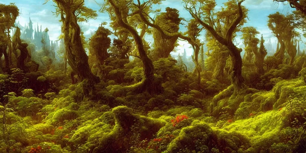 Prompt: A Beautiful Painting of an Overgrown Fantasy Land by Steven Belledin, Michael Whelan, Martin Johnson Heade, Caspar David Friedrich and Ivan Shishkin