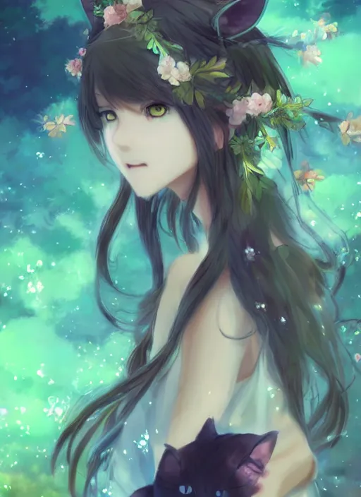 Prompt: anime girl with cat ears as a forest goddess, gorgeous face, anime style, digital art, by makoto shinkai, by wenjun lin, perfect shading