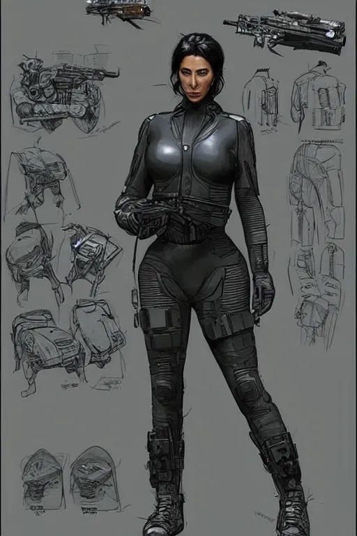 Prompt: kim kardassian. blackops mercenary in near future tactical gear, stealth suit, and cyberpunk headset. Blade Runner 2049. concept art by James Gurney and Mœbius.