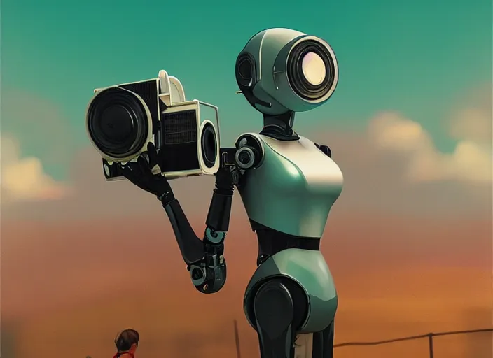 Image similar to ! dream portrait of a beautiful female robot carrying a movie camera in front of a green screen studio. concept design, by wlop, beeple