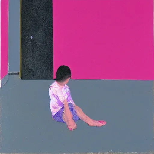 Image similar to sad young girl, sitting against pink wall, emotional, mixed media by francis bacon