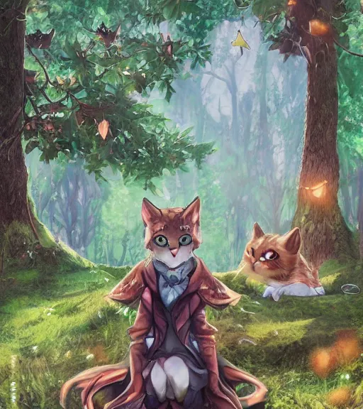 Image similar to character portrait of the anthro anthropomorphic cat head animal person fursona wearing clothes standing in the bright forest, hidari, color page, tankoban, 4 k, tone mapping, akihiko yoshida