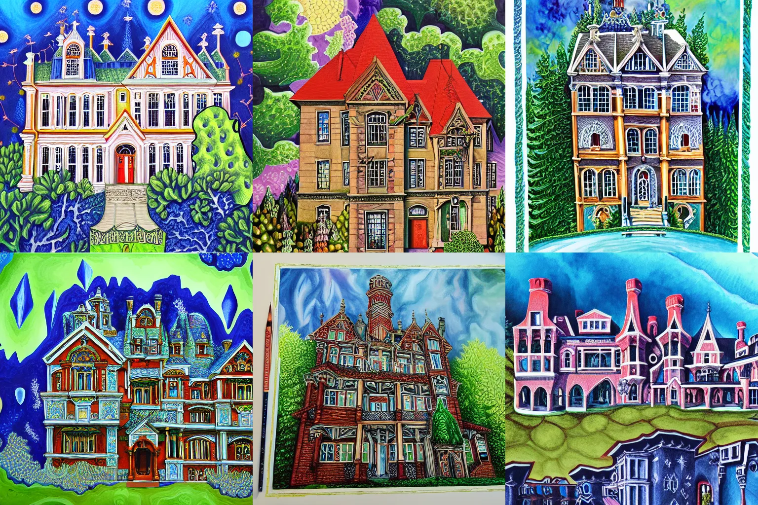 Prompt: Fractal mansion, detailed gouache painting