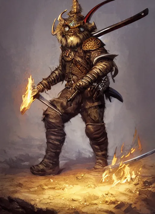 Prompt: photorealistic bugbear ranger holding sword on fire, magic, black beard, dungeons and dragons, pathfinder, roleplaying game art, hunters gear, jeweled ornate leather and steel armour, concept art, character design on white background, by sargent, norman rockwell, makoto shinkai, kim jung giu, artstation trending, poster art, colours red