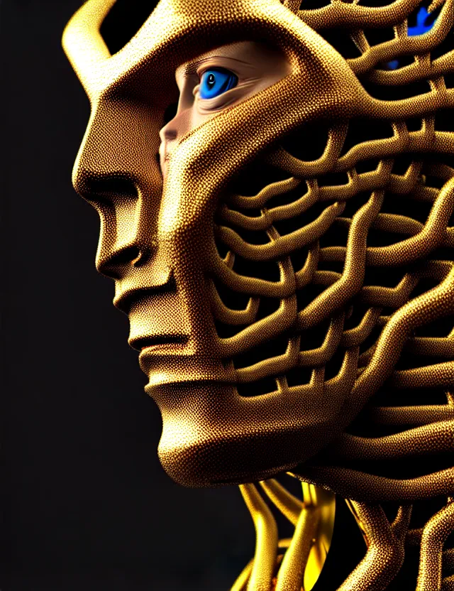 Prompt: complex 3 d face of elon musk robot face, blue gold and black, fractal veins. dragon cyborg, 1 5 0 mm, beautiful natural soft light, rim light, fractal details, fine lace, mandelbot fractal, anatomical, glass, facial muscles, elegant, ultra detailed, metallic armor, octane render, depth of field