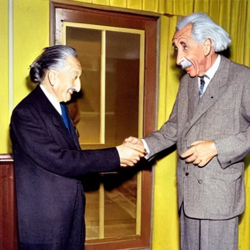 Image similar to albert einstein giving walt disney a high five, photograph, colorized, 1 9 5 4