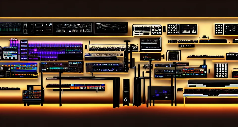 Image similar to a shelf of amazing futuristic synthesizers, cinematic lighting, detailed, beautiful colors, by greg rutowski and studio ghibli
