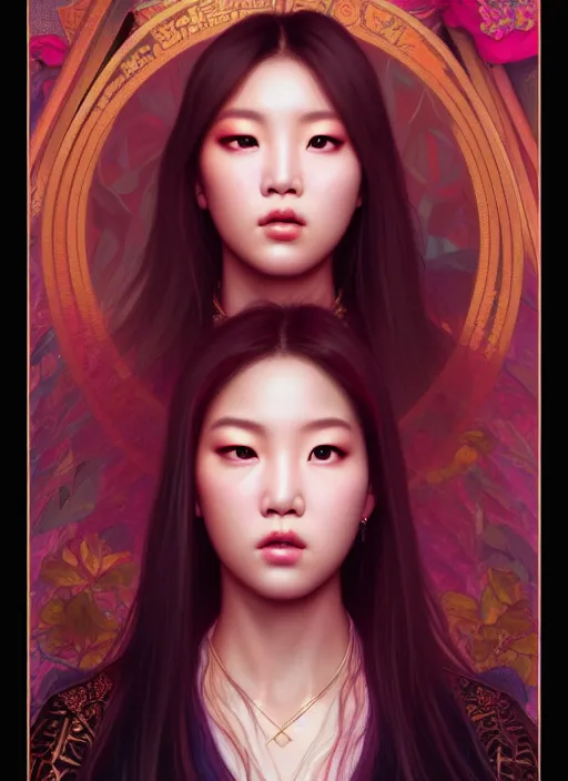 Image similar to roseanne park of blackpink, queen, tarot card, highly detailed, digital painting, smooth, sharp focus, illustration, ultra realistic, unreal engine, 8 k, art by simon bisley and greg rutkowski and alphonse mucha