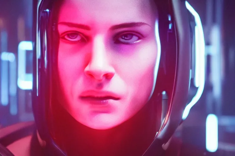 Image similar to VFX movie of a cyberpunk hacker closeup portrait in high tech compound, beautiful natural skin neon lighting by Emmanuel Lubezki